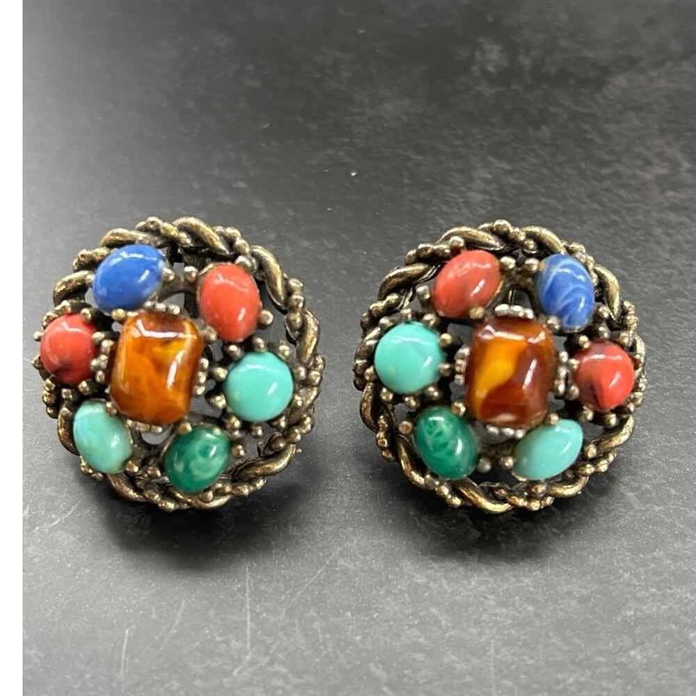 Vintage Gold Multi-Stone Cluster Cabachon Clip On Earrings
